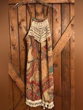 Boho Crochet-Trim Paisley Maxi Dress - Beige, Teal & Coral 61427524T